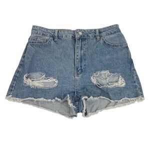 PrettyLittleThing Blue Denim High Rise Distressed Frayed Raw Hem Jean Shorts 6